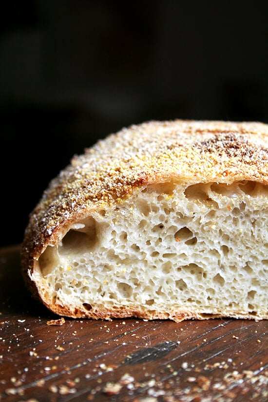 A loaf of Jim Lahey's no-knead bread, halved. 