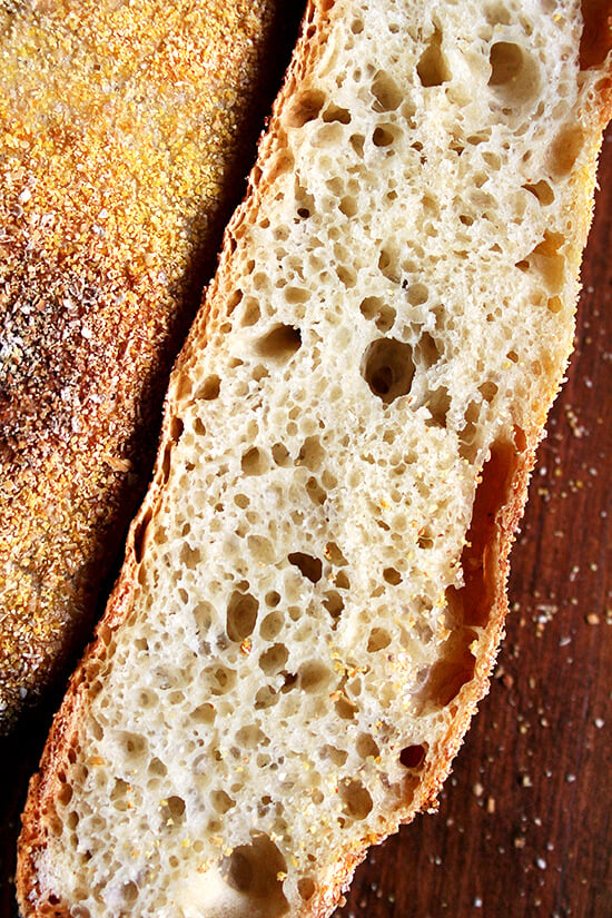 A loaf of Jim Lahey's no-knead bread, sliced. 