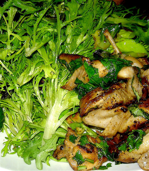 When balsamic caramel is paired with basil, as in this stir-fried quail dish, the combination is especially delicious. Here I’ve used sturdy frisée as the base for this salad, which loses much of its bitterness when wilted under the heat of the quail. Once in the pan, the quail takes no more than five minutes to cook making this elegant salad of wilted greens, goat cheese, toasted pine nuts and orange segments simple and easy to prepare. Enjoy! // alexandracooks.com