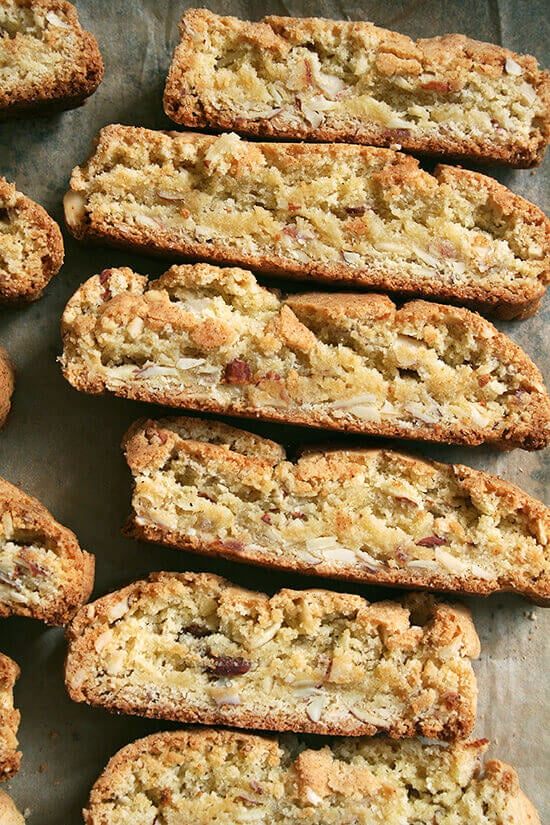 Vanilla-almond biscotti on a sheet pan.