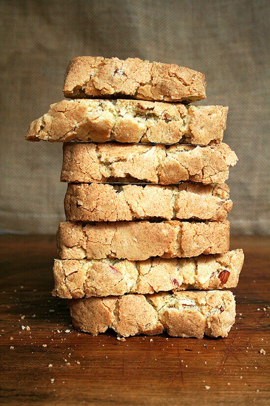 Vanilla-almond biscotti stacked.