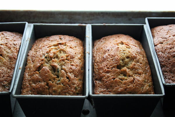 Four loaves of mini zucchini bread.