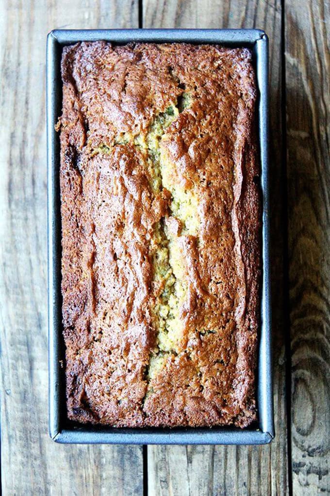 An overhead shot of the best zucchini bread in a loaf pan.
