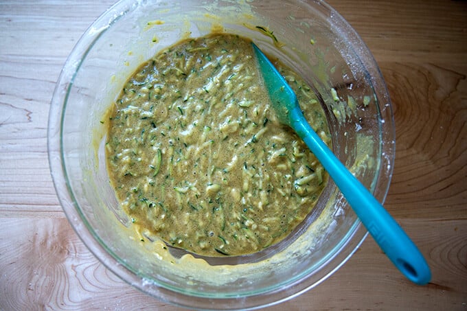 A bowl of zucchini bread batter.