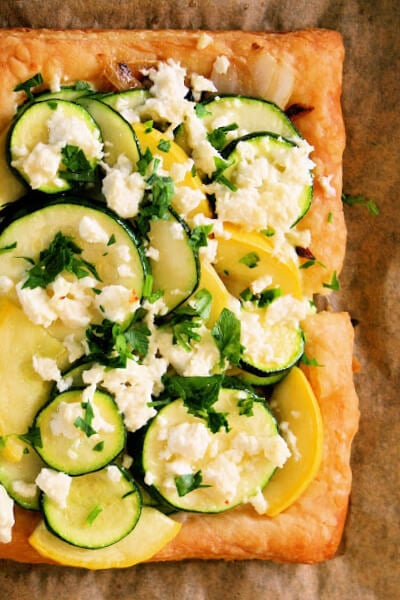 Summer squash tart with feta. Made with puff pastry. Simple and delicious.