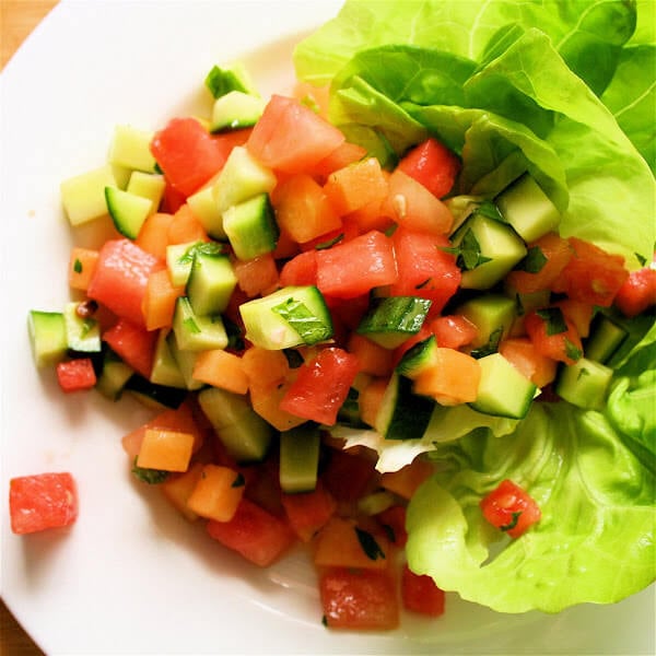 For my friends out there looking for simple recipes, this cucumber salad is for you. If you can chop up a melon and a cucumber, you can make this dish. The dressing is made right in the jar, which means no whisking and minimal cleaning. I love it, and you will too. // alexandracooks.com