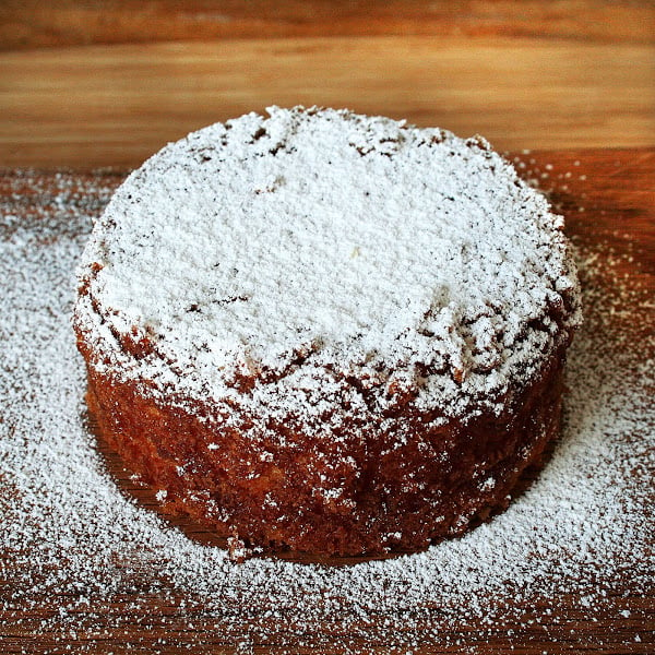 Powdered-sugar dusted orange and olive oil cake. 