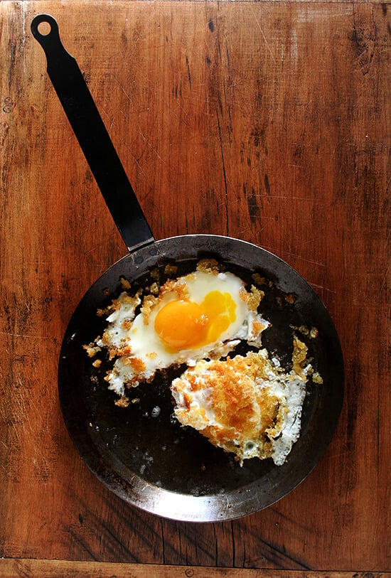 At Zuni, these eggs fried in breadcrumbs appear on the Sunday lunch menu accompanied by house-made sausage or bacon, but Zuni's chef-owner Judy Rodgers likes these crunchy eggs for dinner with a salad of bitter greens. I couldn't agree more. // alexandracooks.com