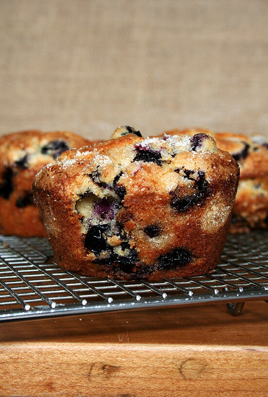 Up close shot of a jumbo lemon-blueberry muffin. 