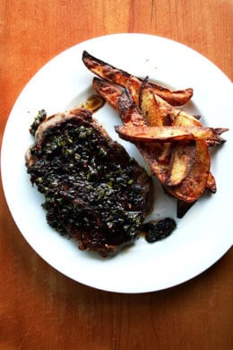Grass-fed steak with balsamic caper sauce