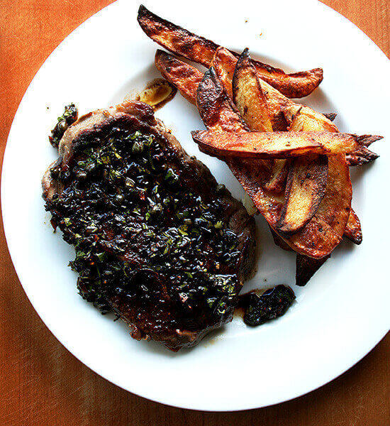 Grass-fed steak with balsamic caper sauce