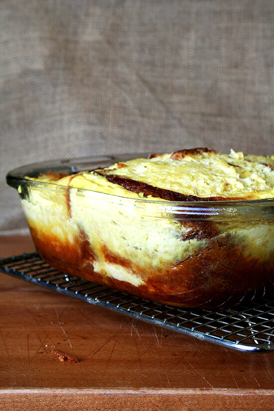 A pan filled with brioche bread pudding.