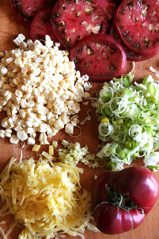 The ingredients for the savory galette: tomatoes, corn, leeks, gruyere. 