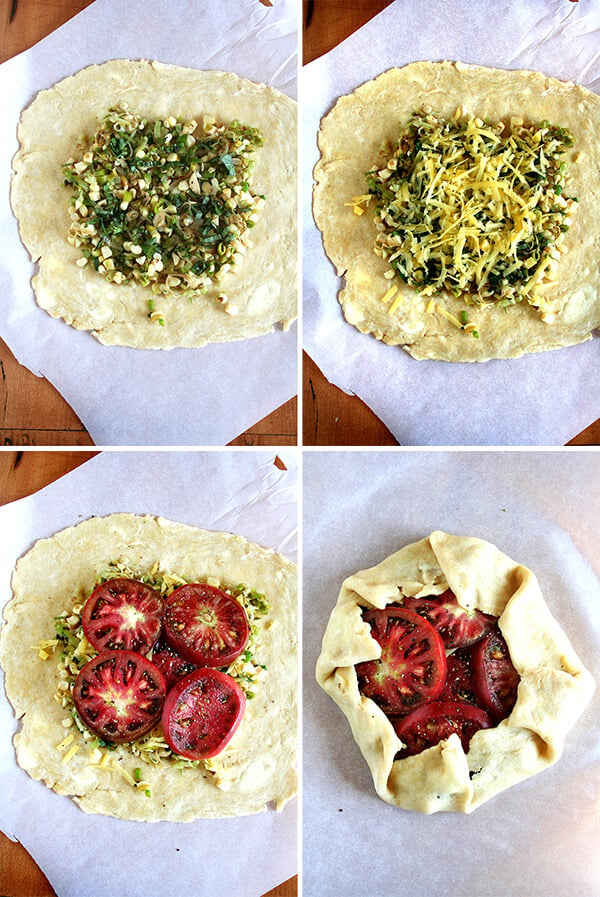 A montage of photos showing how to make a savory galette. 