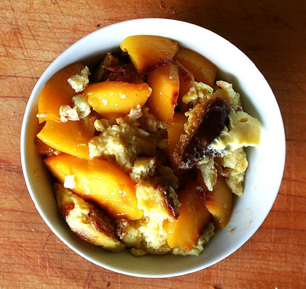 bread pudding with sautéed peaches