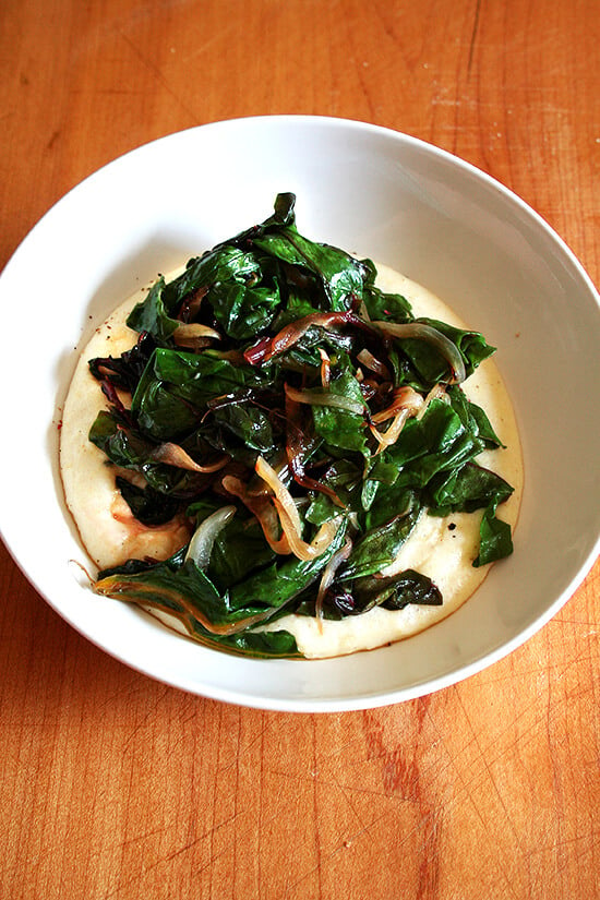 Swiss chard and onions over polenta