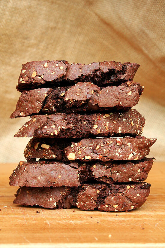 These chocolate biscotti are divine. Perfectly sweet. Not too hard. Crumbly. Soft. Not too soft. Loaded with chocolate and studded with almonds. A perfect accompaniment to a cup of coffee. I am convinced there is no better way to start the morning (and mid-morning and afternoon and early evening, etc.). // alexandracooks.com