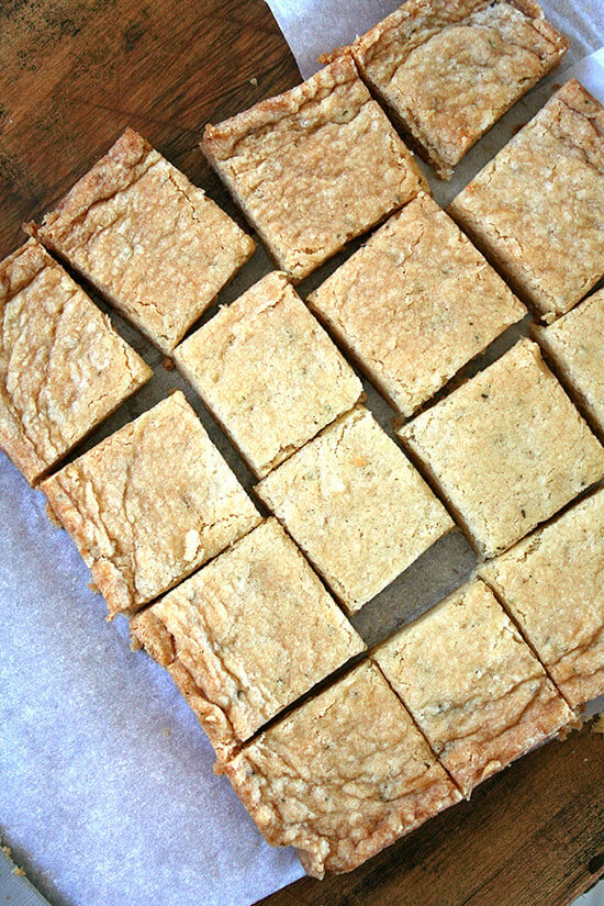 Just baked rosemary shortbread, cut into squares. 