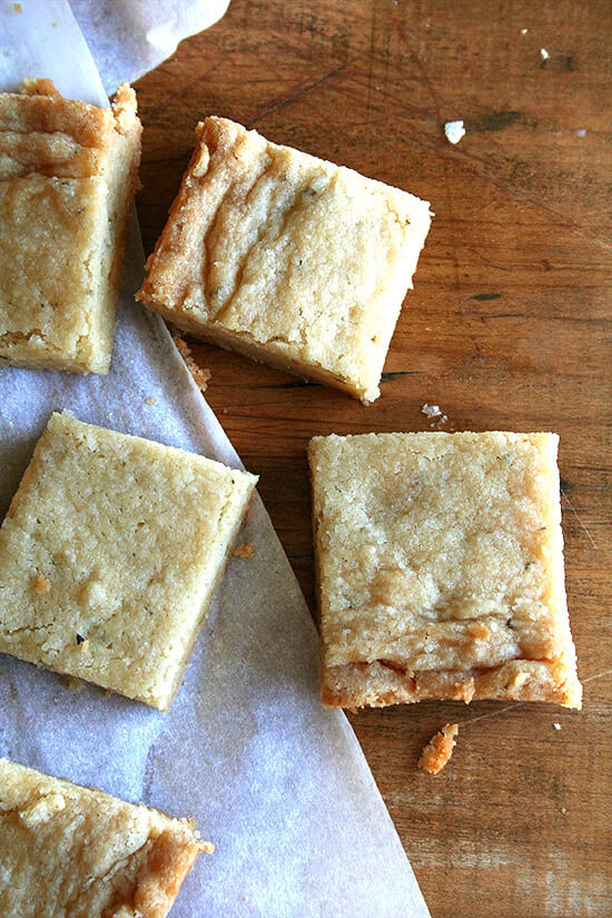 Overhead shot of cut rosemary shorbread.