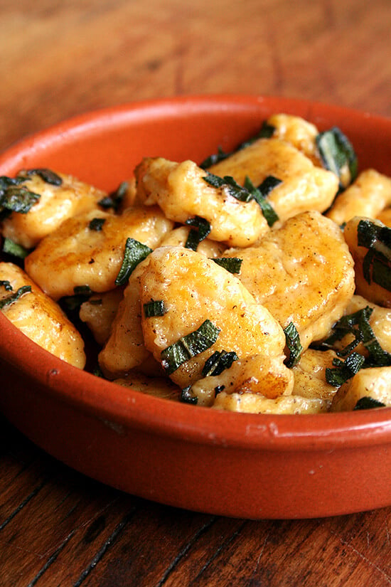 Lidia Bastianich's recipe for homemade butternut squash gnocchi, made from potatoes and butternut squash, is delectable and deeply satisfying! // alexandracooks.com