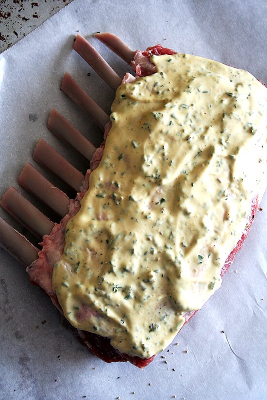Rack of lamb, Prepped for Oven with a smear of mayo, mustard, and herbs. 