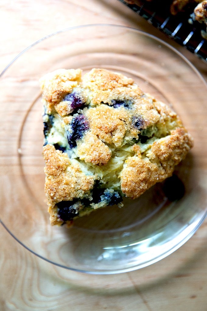 A blueberry scone on a plate.