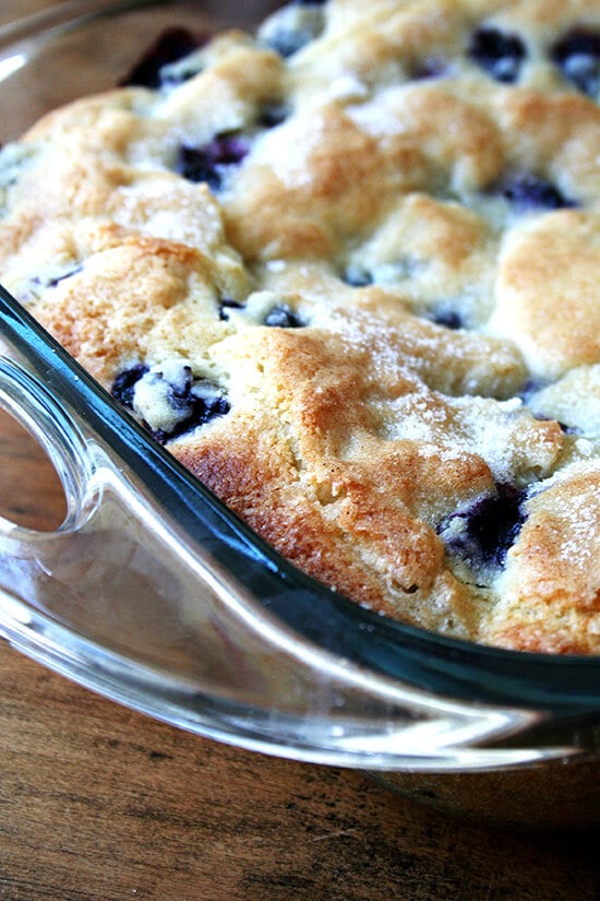 Side close-up of breakfast cake in glass oven-safe baking pan