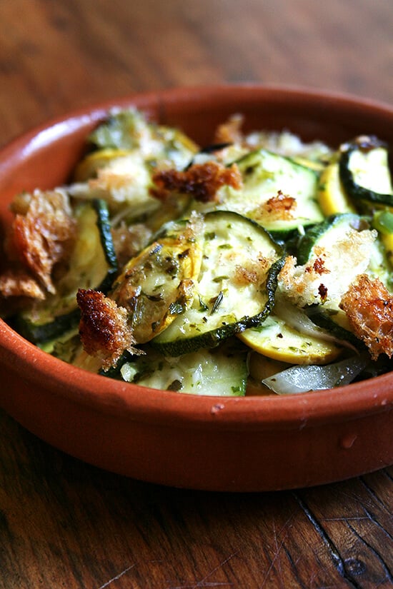 This summer squash gratin is a most delicious, vegetarian entrée or side dish starring summer's most abundant vegetable. Seen on Amanda and Merril's Food 52 website, this recipe is delectable. // alexandracooks.com