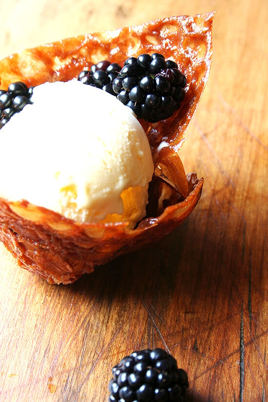 Rich and tangy, this homemade creme fraiche ice cream is a real treat. Serve it in an almond-butterscotch cookie basket for a pretty and yummy presentation. // alexandracooks.com