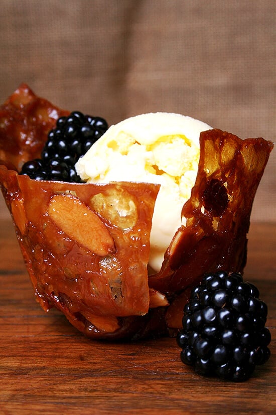 Rich and tangy, this homemade creme fraiche ice cream is a real treat. Serve it in an almond-butterscotch cookie basket for a pretty and yummy presentation. // alexandracooks.com