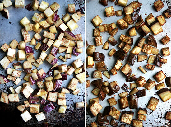 Two photos side by side: cubed eggplant on a sheet pan, uncooked and cooked. 