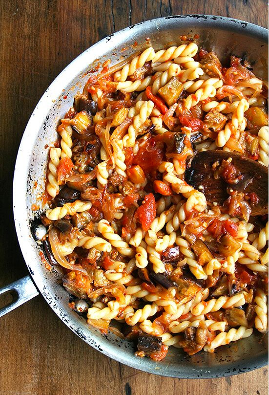 Roasted eggplant, caramelized onions, fresh tomato sauce and a hint of sherry vinegar combine to make this late-summer pasta dish truly fantastic. // alexandracooks.com