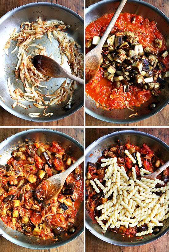 A montage of 4 photos depicting how to make the eggplant pasta sauce. 