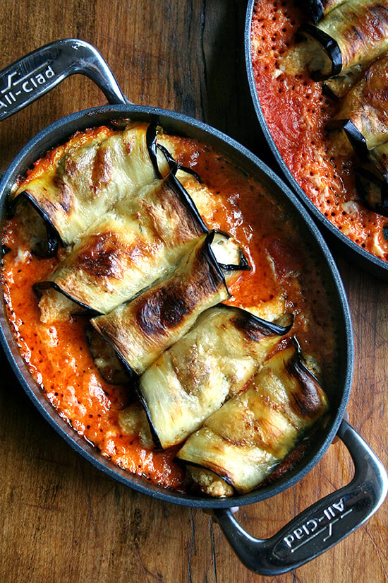 A pan of eggplant involtini. 