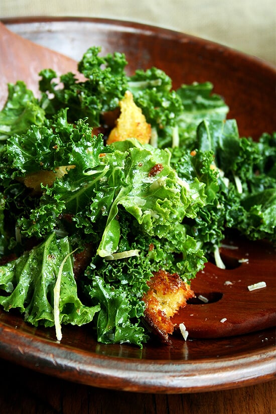 kale caesar salad with brioche croutons