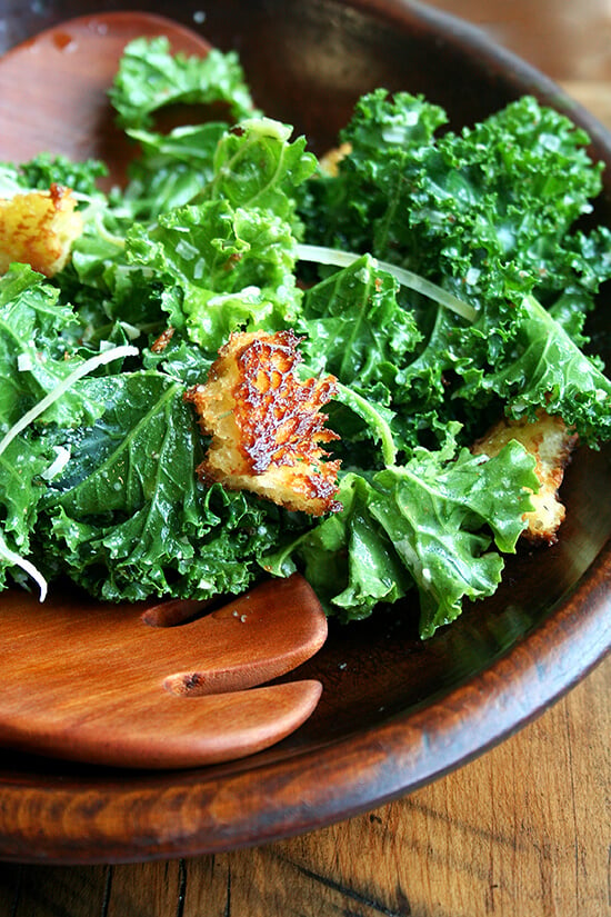 The dressing in this kale caesar salad, made without mayonnaise or cheese, is lemony and light and is a wonderful complement to kale, an unsuspecting substitute in a classic dish. // alexandracooks.com