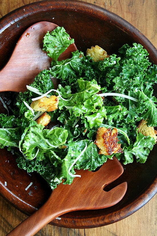 kale caesar salad with brioche croutons