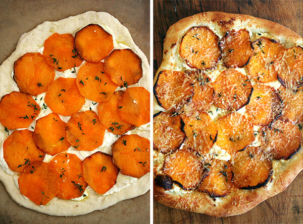 Two side by side images: butternut squash pizza, unbaked (left) and baked (right).