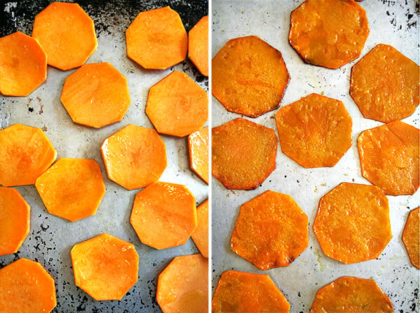 Two side by side images: slices of butternut squash on a sheet pan, unbaked (left) and baked (right). 