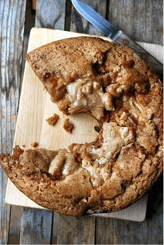 Overhead shot of Teddie's apple cake with a slice missing.