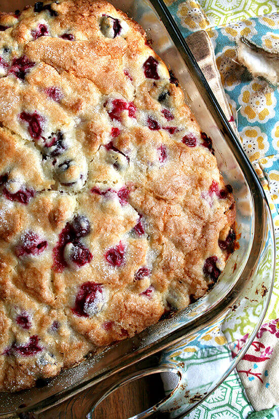 Overhead shot of just-baked cranberry orange buttermilk breakfast cake. 