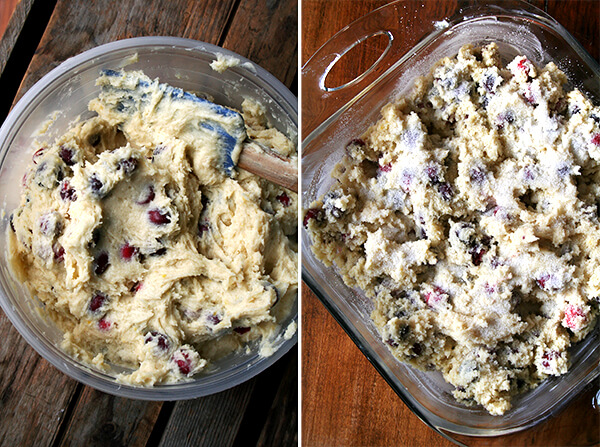 Side by side images: on the left, cranberry buttermilk breakfast cake batter in a bowl; on the right, batter spread into pan, sprinkled with sugar. 