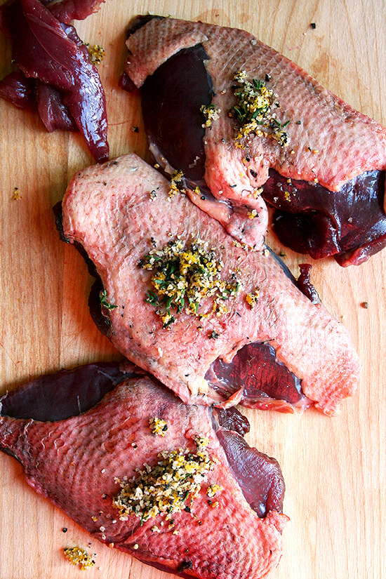 Wild duck breasts rubbed with a flavorful mixture of orange zest and thyme. 