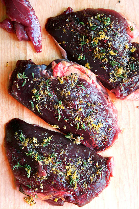Wild duck breasts rubbed with a flavorful mixture of orange zest and thyme. 