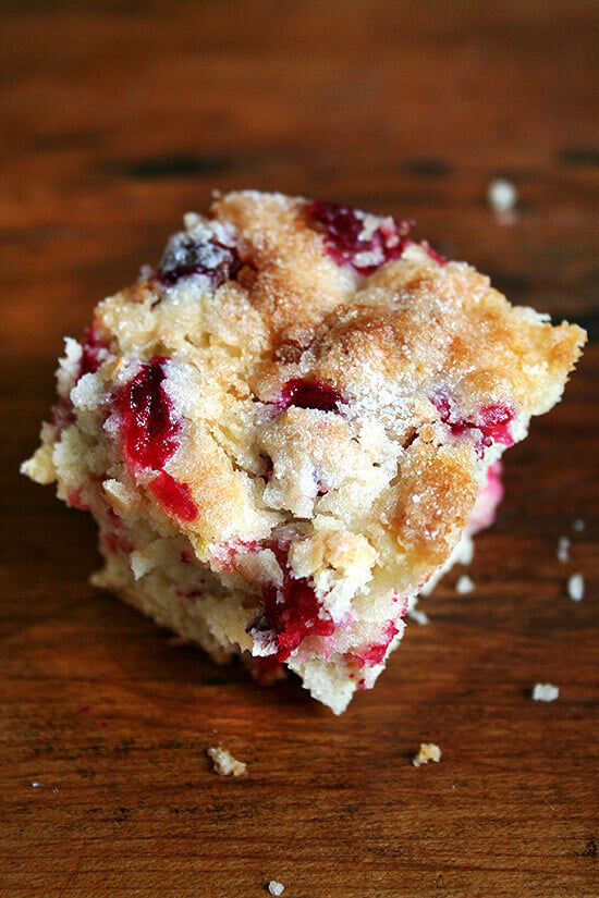 A slice of cranberry buttermilk breakfast cake.