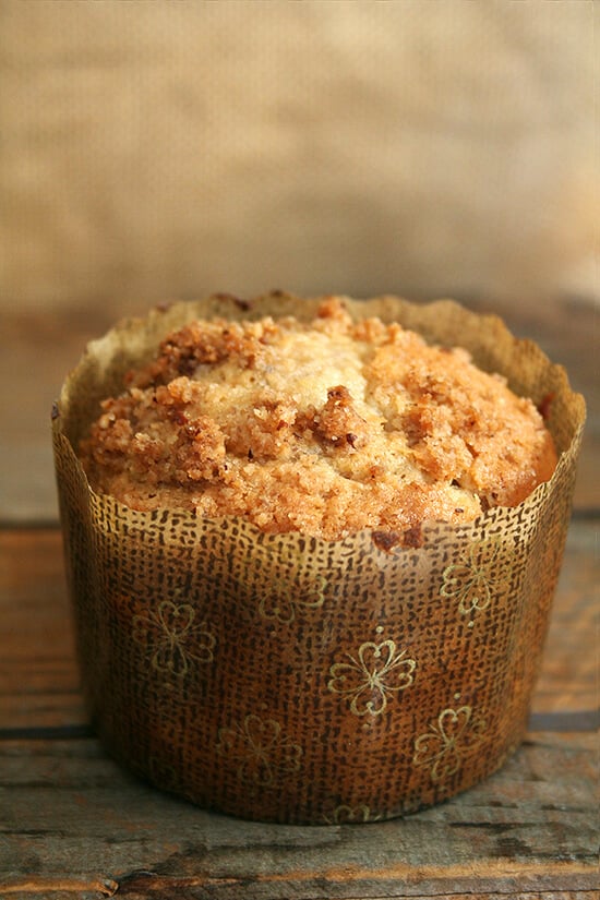 A coffeecake muffin in a decorative paper liner. 