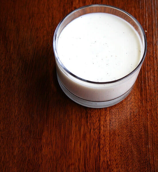 An overhead shot of buttermilk panna cotta.