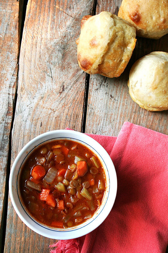 It's the bite of the sherry vinegar makes this lentil soup, but the virtues of it are truly countless: It is completely vegetarian, vegan in fact. It cooks in one hour and takes only as long to prepare as it does to chop up some carrots, celery and onions. No vegetables are sautéed; no stock is simmered. It also couldn't be more healthy — lentils are high in fiber, protein, vitamins and minerals. This soup is complete goodness. // alexandracooks.com