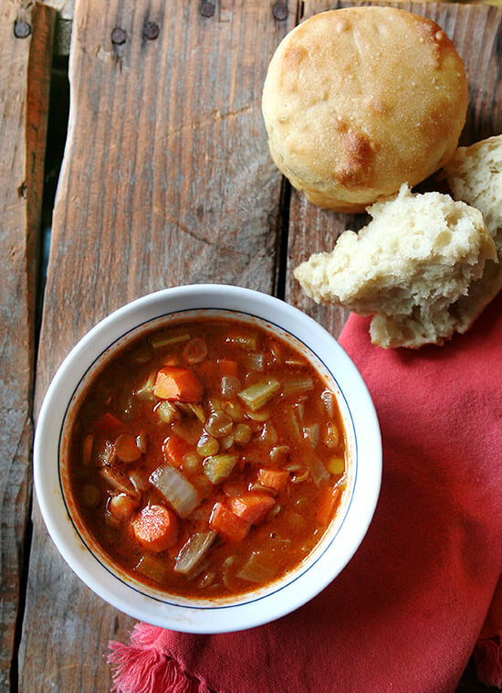 It's the bite of the sherry vinegar makes this lentil soup, but the virtues of it are truly countless: It is completely vegetarian, vegan in fact. It cooks in one hour and takes only as long to prepare as it does to chop up some carrots, celery and onions. No vegetables are sautéed; no stock is simmered. It also couldn't be more healthy — lentils are high in fiber, protein, vitamins and minerals. This soup is complete goodness. // alexandracooks.com