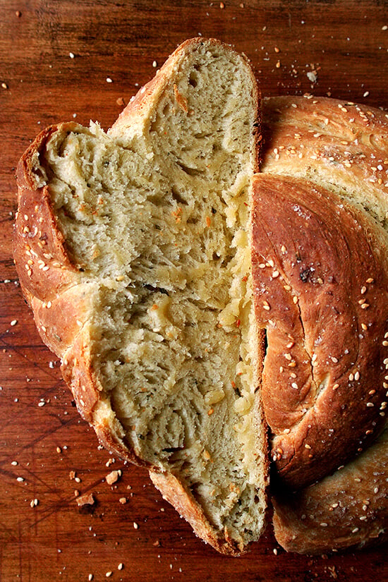 Olive oil makes this semolina bread super moist, but it's the presence of semolina flour, an ingredient I am only just discovering, that gives this bread such a unique texture and flavor. The owner of Macrina Bakery, Leslie Mackie, to whom we can thank for this creation, says it best: "Semolina flour gives the bread a hearty texture but also a kind of creamy, almost corn-like flavor." A salty, crusty exterior moreover makes the bread irresistible. // alexandracooks.com